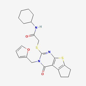 molecular formula C22H25N3O3S2 B2592166 N-cyclohexyl-2-({11-[(furan-2-yl)methyl]-12-oxo-7-thia-9,11-diazatricyclo[6.4.0.0^{2,6}]dodeca-1(8),2(6),9-trien-10-yl}sulfanyl)acetamide CAS No. 878683-90-0