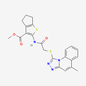 molecular formula C22H20N4O3S2 B2592333 methyl 2-({[(5-methyl[1,2,4]triazolo[4,3-a]quinolin-1-yl)sulfanyl]acetyl}amino)-5,6-dihydro-4H-cyclopenta[b]thiophene-3-carboxylate CAS No. 442865-38-5