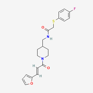 molecular formula C21H23FN2O3S B2592442 (E)-2-((4-fluorophenyl)thio)-N-((1-(3-(furan-2-yl)acryloyl)piperidin-4-yl)methyl)acetamide CAS No. 1235679-47-6