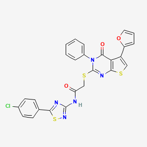 molecular formula C26H16ClN5O3S3 B2592482 N-[5-(4-chlorophenyl)-1,2,4-thiadiazol-3-yl]-2-{[5-(furan-2-yl)-4-oxo-3-phenyl-3H,4H-thieno[2,3-d]pyrimidin-2-yl]sulfanyl}acetamide CAS No. 690642-85-4