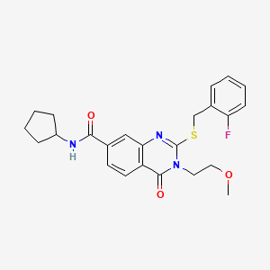 B2592521 N-cyclopentyl-2-((2-fluorobenzyl)thio)-3-(2-methoxyethyl)-4-oxo-3,4-dihydroquinazoline-7-carboxamide CAS No. 946270-63-9