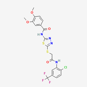 molecular formula C20H16ClF3N4O4S2 B2592708 N-{5-[({[2-chloro-5-(trifluoromethyl)phenyl]carbamoyl}methyl)sulfanyl]-1,3,4-thiadiazol-2-yl}-3,4-dimethoxybenzamide CAS No. 392299-24-0