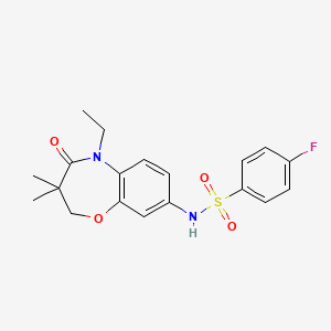 molecular formula C19H21FN2O4S B2592738 N-(5-ethyl-3,3-dimethyl-4-oxo-2,3,4,5-tetrahydro-1,5-benzoxazepin-8-yl)-4-fluorobenzene-1-sulfonamide CAS No. 921904-02-1