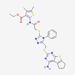 molecular formula C29H29N7O3S4 B2592849 ethyl 2-[2-({5-[({12-amino-7-thia-9,11-diazatricyclo[6.4.0.0^{2,6}]dodeca-1(8),2(6),9,11-tetraen-10-yl}sulfanyl)methyl]-4-phenyl-4H-1,2,4-triazol-3-yl}sulfanyl)acetamido]-4,5-dimethylthiophene-3-carboxylate CAS No. 647819-70-3