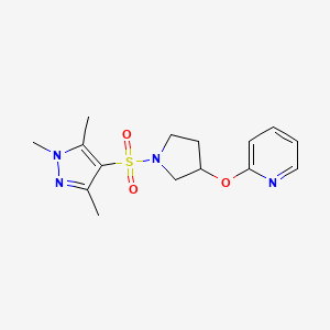 molecular formula C15H20N4O3S B2592852 2-((1-((1,3,5-trimethyl-1H-pyrazol-4-yl)sulfonyl)pyrrolidin-3-yl)oxy)pyridine CAS No. 1904215-91-3