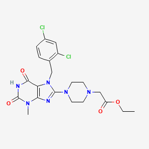 molecular formula C21H24Cl2N6O4 B2592946 ethyl 2-(4-(7-(2,4-dichlorobenzyl)-3-methyl-2,6-dioxo-2,3,6,7-tetrahydro-1H-purin-8-yl)piperazin-1-yl)acetate CAS No. 898428-09-6