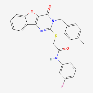 molecular formula C26H20FN3O3S B2593053 N-(3-fluorophenyl)-2-({5-[(4-methylphenyl)methyl]-6-oxo-8-oxa-3,5-diazatricyclo[7.4.0.0^{2,7}]trideca-1(9),2(7),3,10,12-pentaen-4-yl}sulfanyl)acetamide CAS No. 866846-04-0