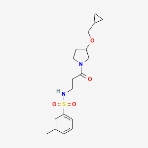 molecular formula C18H26N2O4S B2593118 N-(3-(3-(cyclopropylmethoxy)pyrrolidin-1-yl)-3-oxopropyl)-3-methylbenzenesulfonamide CAS No. 2034386-63-3