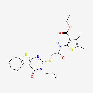 molecular formula C24H27N3O4S3 B2593159 ethyl 4,5-dimethyl-2-(2-{[3-oxo-4-(prop-2-en-1-yl)-8-thia-4,6-diazatricyclo[7.4.0.0^{2,7}]trideca-1(9),2(7),5-trien-5-yl]sulfanyl}acetamido)thiophene-3-carboxylate CAS No. 453584-38-8