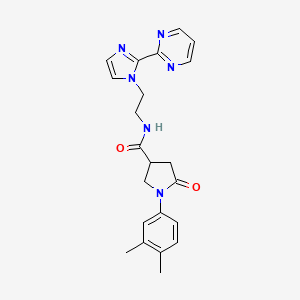 molecular formula C22H24N6O2 B2593282 1-(3,4-dimethylphenyl)-5-oxo-N-(2-(2-(pyrimidin-2-yl)-1H-imidazol-1-yl)ethyl)pyrrolidine-3-carboxamide CAS No. 1448134-79-9