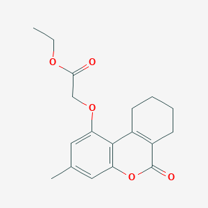 molecular formula C18H20O5 B2593337 ethyl 2-({3-methyl-6-oxo-6H,7H,8H,9H,10H-cyclohexa[c]chromen-1-yl}oxy)acetate CAS No. 307550-46-5