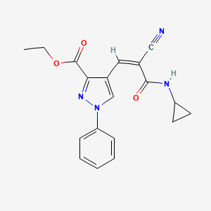 molecular formula C19H18N4O3 B2593401 ethyl 4-[(Z)-2-cyano-3-(cyclopropylamino)-3-oxoprop-1-enyl]-1-phenylpyrazole-3-carboxylate CAS No. 1211950-17-2