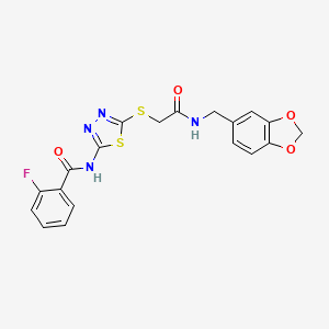 molecular formula C19H15FN4O4S2 B2593507 N-(5-((2-((benzo[d][1,3]dioxol-5-ylmethyl)amino)-2-oxoethyl)thio)-1,3,4-thiadiazol-2-yl)-2-fluorobenzamide CAS No. 893133-98-7