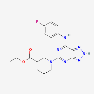 molecular formula C18H20FN7O2 B2593525 ethyl 1-(7-((4-fluorophenyl)amino)-3H-[1,2,3]triazolo[4,5-d]pyrimidin-5-yl)piperidine-3-carboxylate CAS No. 1286719-00-3