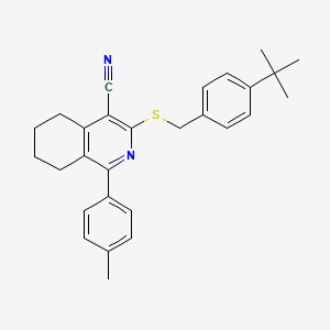 molecular formula C28H30N2S B2593537 3-{[4-(Tert-butyl)benzyl]sulfanyl}-1-(4-methylphenyl)-5,6,7,8-tetrahydro-4-isoquinolinecarbonitrile CAS No. 691868-95-8
