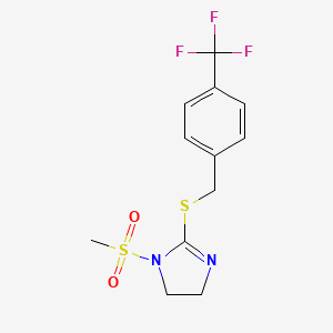 molecular formula C12H13F3N2O2S2 B2593539 1-Methylsulfonyl-2-[[4-(trifluoromethyl)phenyl]methylsulfanyl]-4,5-dihydroimidazole CAS No. 868218-23-9
