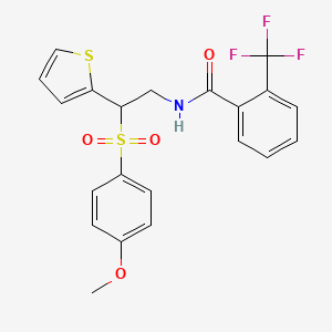 molecular formula C21H18F3NO4S2 B2593572 N-[2-(4-methoxybenzenesulfonyl)-2-(thiophen-2-yl)ethyl]-2-(trifluoromethyl)benzamide CAS No. 923193-33-3