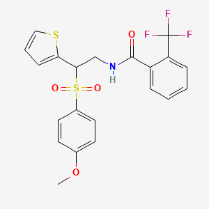 molecular formula C21H18F3NO4S2 B2593572 N-(2-((4-methoxyphenyl)sulfonyl)-2-(thiophen-2-yl)ethyl)-2-(trifluoromethyl)benzamide CAS No. 923193-33-3