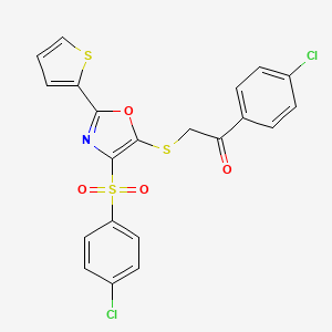 molecular formula C21H13Cl2NO4S3 B2593600 1-(4-Chlorophenyl)-2-((4-((4-chlorophenyl)sulfonyl)-2-(thiophen-2-yl)oxazol-5-yl)thio)ethanone CAS No. 850928-21-1