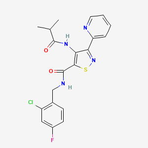 molecular formula C20H18ClFN4O2S B2593617 N-[(2-chloro-4-fluorophenyl)methyl]-4-(2-methylpropanamido)-3-(pyridin-2-yl)-1,2-thiazole-5-carboxamide CAS No. 1251618-52-6