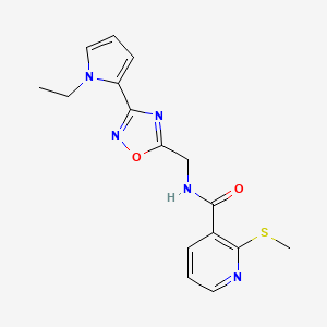 molecular formula C16H17N5O2S B2593649 N-((3-(1-ethyl-1H-pyrrol-2-yl)-1,2,4-oxadiazol-5-yl)methyl)-2-(methylthio)nicotinamide CAS No. 2034347-56-1