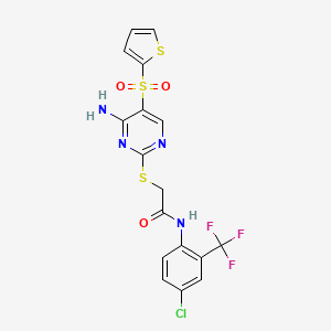 molecular formula C17H12ClF3N4O3S3 B2593652 2-((4-amino-5-(thiophen-2-ylsulfonyl)pyrimidin-2-yl)thio)-N-(4-chloro-2-(trifluoromethyl)phenyl)acetamide CAS No. 1223780-66-2