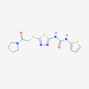 molecular formula C13H15N5O2S3 B2593665 1-(5-((2-Oxo-2-(pyrrolidin-1-yl)ethyl)thio)-1,3,4-thiadiazol-2-yl)-3-(thiophen-2-yl)urea CAS No. 1001831-52-2