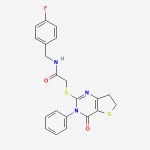 molecular formula C21H18FN3O2S2 B2593801 N-[(4-fluorophenyl)methyl]-2-({4-oxo-3-phenyl-3H,4H,6H,7H-thieno[3,2-d]pyrimidin-2-yl}sulfanyl)acetamide CAS No. 686770-74-1