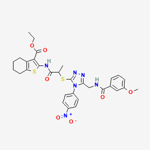 molecular formula C31H32N6O7S2 B2593862 ethyl 2-{2-[(5-{[(3-methoxyphenyl)formamido]methyl}-4-(4-nitrophenyl)-4H-1,2,4-triazol-3-yl)sulfanyl]propanamido}-4,5,6,7-tetrahydro-1-benzothiophene-3-carboxylate CAS No. 393817-96-4