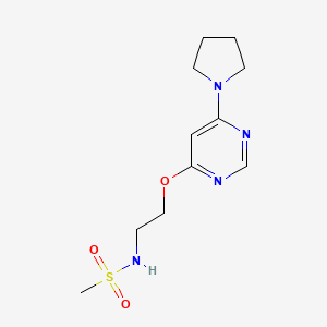 molecular formula C11H18N4O3S B2593869 N-(2-((6-(pyrrolidin-1-yl)pyrimidin-4-yl)oxy)ethyl)methanesulfonamide CAS No. 1203240-35-0