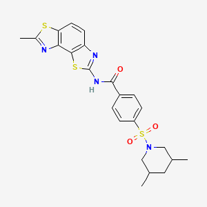 molecular formula C23H24N4O3S3 B2593932 4-[(3,5-dimethylpiperidin-1-yl)sulfonyl]-N-{11-methyl-3,10-dithia-5,12-diazatricyclo[7.3.0.0^{2,6}]dodeca-1(9),2(6),4,7,11-pentaen-4-yl}benzamide CAS No. 361170-93-6