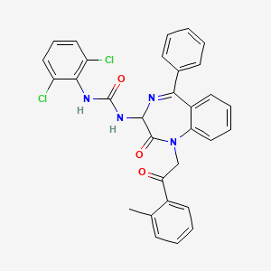 molecular formula C31H24Cl2N4O3 B2593946 N-(2,5-diaza-2-(2-(2-methylphenyl)-2-oxoethyl)-3-oxo-6-phenylbicyclo[5.4.0]undeca-1(7),5,8,10-tetraen-4-yl)((2,6-dichlorophenyl)amino)formamide CAS No. 1796891-57-0