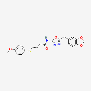 molecular formula C21H21N3O5S B2594360 N-(5-(benzo[d][1,3]dioxol-5-ylmethyl)-1,3,4-oxadiazol-2-yl)-4-((4-methoxyphenyl)thio)butanamide CAS No. 922020-18-6