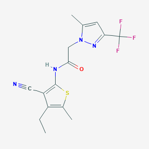 molecular formula C15H15F3N4OS B259437 N-(3-cyano-4-ethyl-5-methylthiophen-2-yl)-2-[5-methyl-3-(trifluoromethyl)pyrazol-1-yl]acetamide 