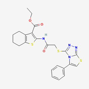 molecular formula C23H22N4O3S3 B2594440 ETHYL 2-[2-({5-PHENYL-[1,2,4]TRIAZOLO[3,4-B][1,3]THIAZOL-3-YL}SULFANYL)ACETAMIDO]-4,5,6,7-TETRAHYDRO-1-BENZOTHIOPHENE-3-CARBOXYLATE CAS No. 671199-75-0