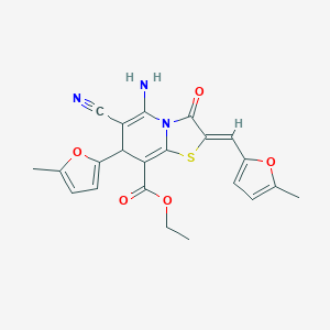 molecular formula C22H19N3O5S B259448 ethyl 5-amino-6-cyano-7-(5-methyl-2-furyl)-2-[(5-methyl-2-furyl)methylene]-3-oxo-2,3-dihydro-7H-[1,3]thiazolo[3,2-a]pyridine-8-carboxylate 