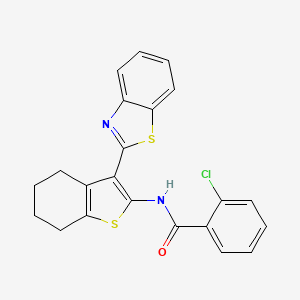 molecular formula C22H17ClN2OS2 B2594505 N-[3-(1,3-benzothiazol-2-yl)-4,5,6,7-tetrahydro-1-benzothiophen-2-yl]-2-chlorobenzamide CAS No. 307510-81-2