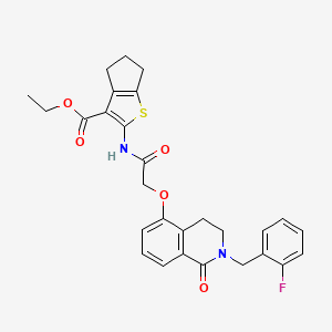 molecular formula C28H27FN2O5S B2594535 ethyl 2-[2-({2-[(2-fluorophenyl)methyl]-1-oxo-1,2,3,4-tetrahydroisoquinolin-5-yl}oxy)acetamido]-4H,5H,6H-cyclopenta[b]thiophene-3-carboxylate CAS No. 850907-22-1