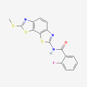 molecular formula C16H10FN3OS3 B2594643 2-fluoro-N-[11-(methylsulfanyl)-3,12-dithia-5,10-diazatricyclo[7.3.0.0^{2,6}]dodeca-1(9),2(6),4,7,10-pentaen-4-yl]benzamide 