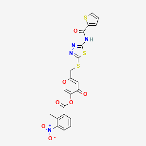 molecular formula C21H14N4O7S3 B2594720 4-oxo-6-(((5-(thiophene-2-carboxamido)-1,3,4-thiadiazol-2-yl)thio)methyl)-4H-pyran-3-yl 2-methyl-3-nitrobenzoate CAS No. 877643-35-1