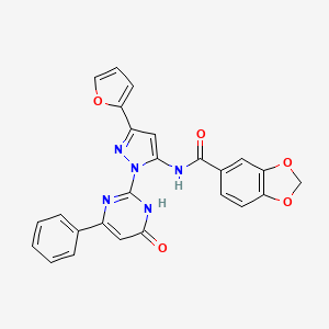 molecular formula C25H17N5O5 B2594743 N-(3-(furan-2-yl)-1-(6-oxo-4-phenyl-1,6-dihydropyrimidin-2-yl)-1H-pyrazol-5-yl)benzo[d][1,3]dioxole-5-carboxamide CAS No. 1207015-85-7
