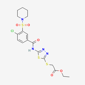molecular formula C18H21ClN4O5S3 B2594882 Ethyl 2-((5-(4-chloro-3-(piperidin-1-ylsulfonyl)benzamido)-1,3,4-thiadiazol-2-yl)thio)acetate CAS No. 877818-58-1