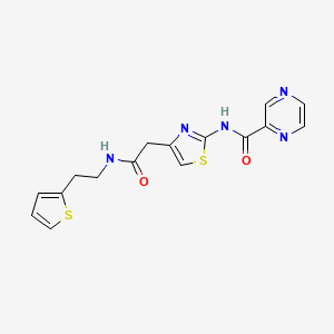 molecular formula C16H15N5O2S2 B2595228 N-(4-(2-oxo-2-((2-(thiophen-2-yl)ethyl)amino)ethyl)thiazol-2-yl)pyrazine-2-carboxamide CAS No. 1210290-55-3