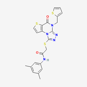 molecular formula C22H19N5O2S3 B2595533 N-(3,5-dimethylphenyl)-2-((5-oxo-4-(thiophen-2-ylmethyl)-4,5-dihydrothieno[2,3-e][1,2,4]triazolo[4,3-a]pyrimidin-1-yl)thio)acetamide CAS No. 1243008-79-8