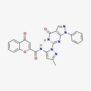 molecular formula C25H17N7O4 B2595653 N-(3-methyl-1-(4-oxo-1-phenyl-4,5-dihydro-1H-pyrazolo[3,4-d]pyrimidin-6-yl)-1H-pyrazol-5-yl)-4-oxo-4H-chromene-2-carboxamide CAS No. 1171471-72-9