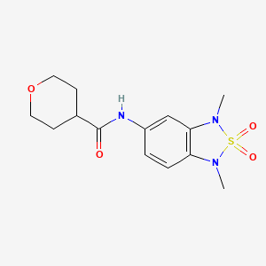 molecular formula C14H19N3O4S B2595686 N-(1,3-dimethyl-2,2-dioxo-1,3-dihydro-2lambda6,1,3-benzothiadiazol-5-yl)oxane-4-carboxamide CAS No. 2034337-89-6