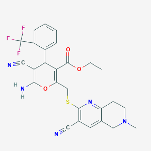 molecular formula C27H24F3N5O3S B2595767 ethyl 6-amino-5-cyano-2-{[(3-cyano-6-methyl-5,6,7,8-tetrahydro-1,6-naphthyridin-2-yl)sulfanyl]methyl}-4-[2-(trifluoromethyl)phenyl]-4H-pyran-3-carboxylate CAS No. 340817-61-0