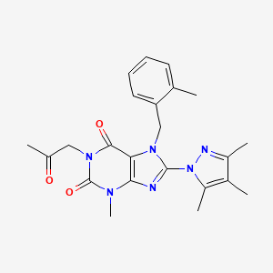 molecular formula C23H26N6O3 B2595944 3-Methyl-7-[(2-methylphenyl)methyl]-1-(2-oxopropyl)-8-(3,4,5-trimethylpyrazoly l)-1,3,7-trihydropurine-2,6-dione CAS No. 1014033-22-7