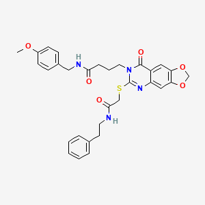 molecular formula C31H32N4O6S B2595983 N-[(4-methoxyphenyl)methyl]-4-[8-oxo-6-({[(2-phenylethyl)carbamoyl]methyl}sulfanyl)-2H,7H,8H-[1,3]dioxolo[4,5-g]quinazolin-7-yl]butanamide CAS No. 688060-12-0