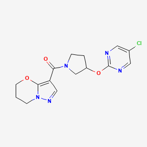molecular formula C15H16ClN5O3 B2596314 (3-((5-chloropyrimidin-2-yl)oxy)pyrrolidin-1-yl)(6,7-dihydro-5H-pyrazolo[5,1-b][1,3]oxazin-3-yl)methanone CAS No. 2034575-71-6